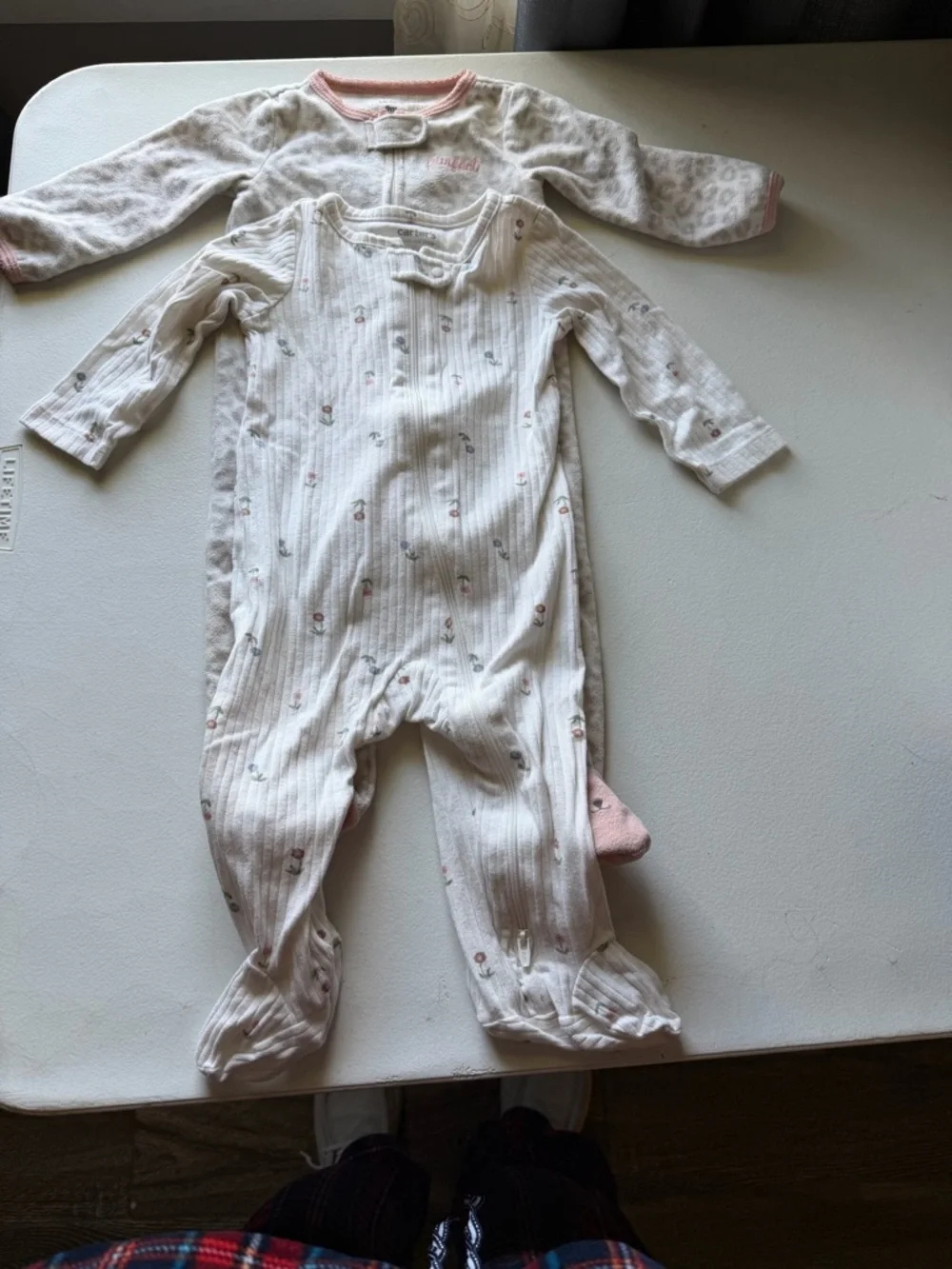 Carter's Cream and Pink Floral Ribbed Footed One-Piece 9 months